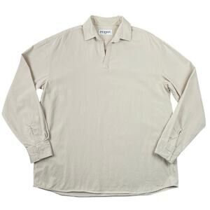 Minimalist Beige Popover Shirt Long Sleeve Cotton Twill Neutral Boxy Top - L